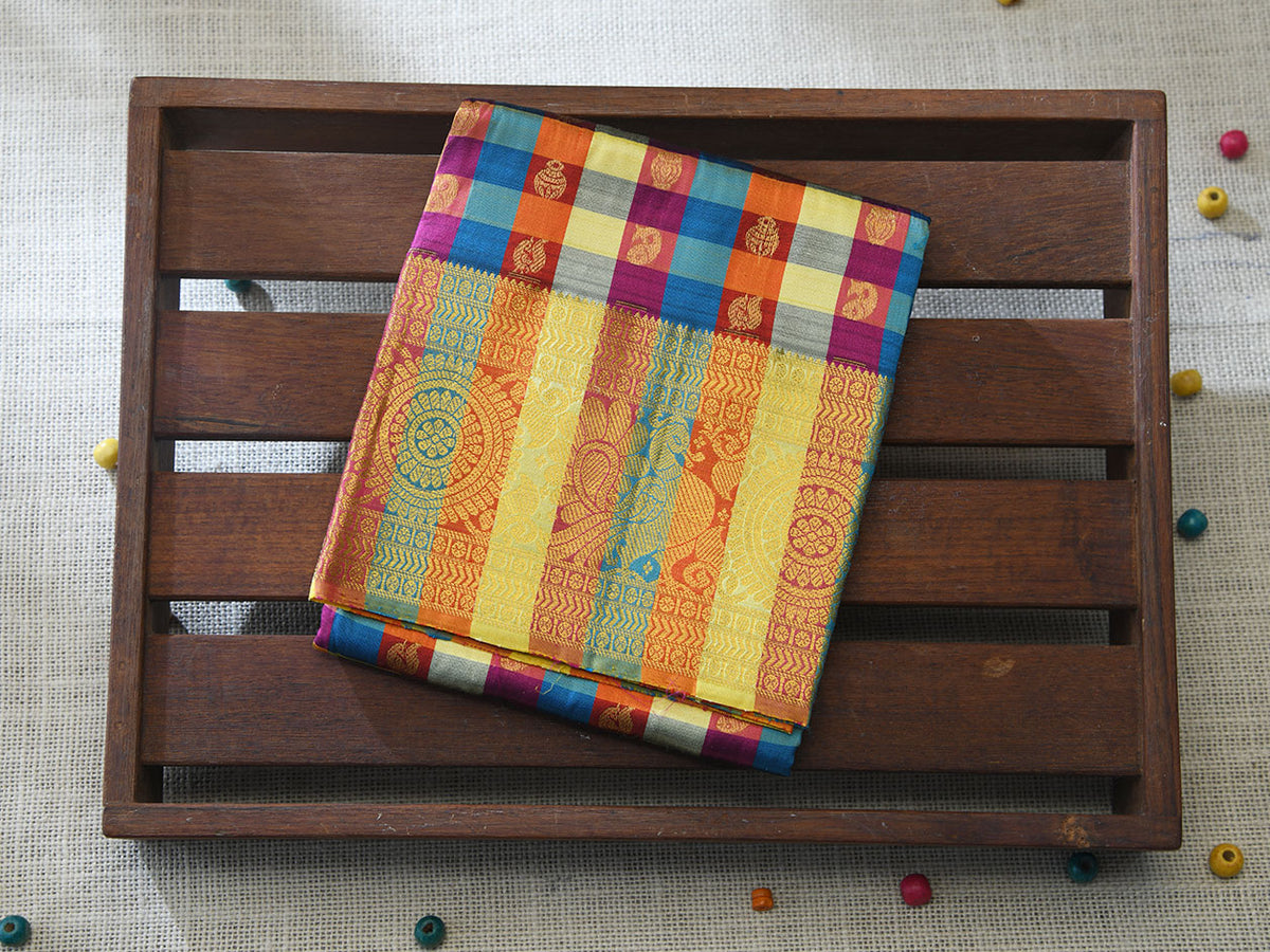 Traditional Border With Multicolor Checks And Buttis Kanchipuram Silk Unstitched Pavadai Sattai Material