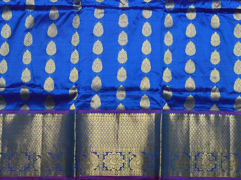 Traditional Border With Thilagam Butta Azure Blue Kanchipuram Silk Unstitched Pavadai Sattai Material