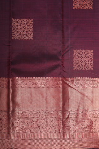 Traditional Copper Zari Big Border With Box Butta Burgundy Maroon Kanchipuram Silk Saree