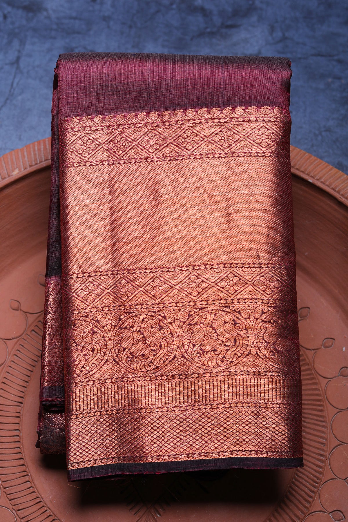 Traditional Copper Zari Big Border With Box Butta Burgundy Maroon Kanchipuram Silk Saree
