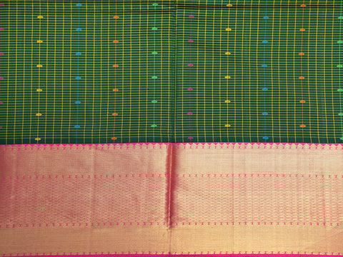 Traditional Korvai Border With Checks And Buttis Leaf Green Kanchipuram Silk Unstitched Pavadai Sattai Material