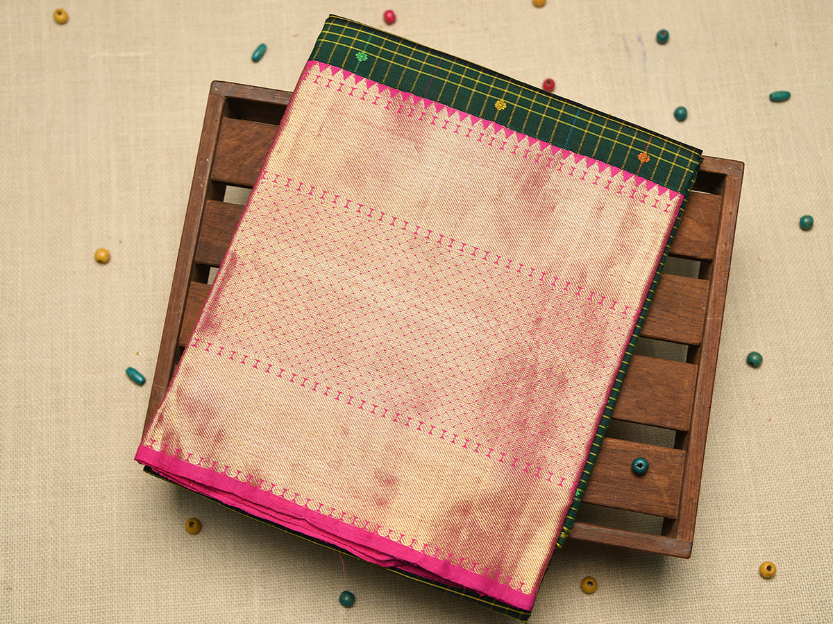 Traditional Korvai Border With Checks And Buttis Leaf Green Kanchipuram Silk Unstitched Pavadai Sattai Material