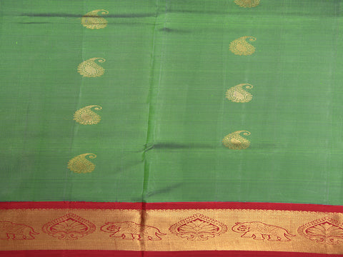 Traditional Korvai Border With Paisley Buttas Moss Green Kanchipuram Silk Unstitched Pavadai Sattai Material