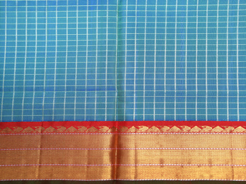 Traditional Korvai Border With Zari Checks Teal Blue Kanchipuram Silk Pavadai Sattai Material