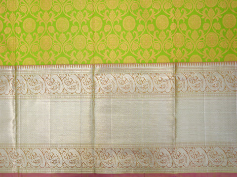 Silver Zari Traditional Border With Ogee Pattern Parrot Green Silk Pavadai Sattai Material