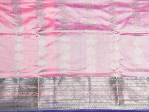 Traditional Silver Zari Border With Butti Stripes Pink Kanchipuram Silk Unstitched Pavadai Sattai Material