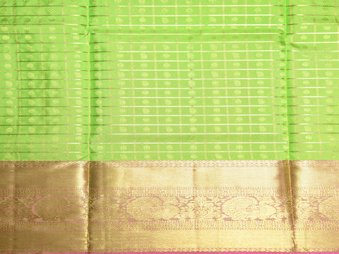 Traditional Zari Big Border With Checks And Buttis Parrot Green Kanchipuram Silk Unstitched Pavadai Sattai Material
