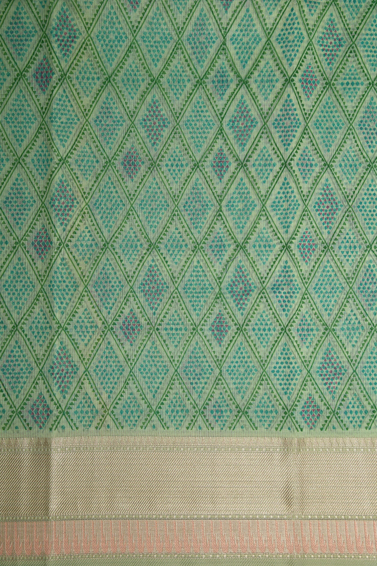 Traditional Zari Big Border With Geometric Pattern Pistachio Green Kota Cotton Saree
