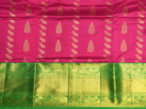 Traditional Zari Big Border With Tree And Peacock Buttis Magenta Pink Kanchipuram Silk Unstitched Pavadai Sattai Material