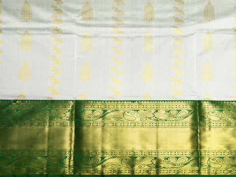 Big Border With Tree And Peacock Buttis Cream Color Kanchipuram Silk Unstitched Pavadai Sattai Material