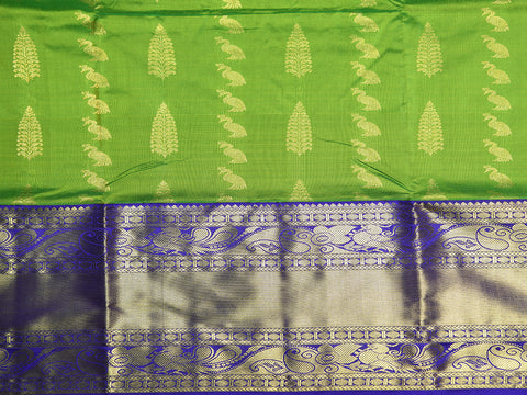 Traditional Zari Big Border With Tree And Peacock Motif Pear Green Kanchipuram Silk Unstitched Pavadai Sattai Material