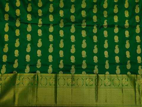 Traditional Zari Border In Buttas Green Kanchipuram Silk Unstitched Pavadai Sattai Material