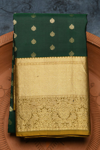 Traditional Zari Border In Floral Buttis Bottle Green Kanchipuram Silk Saree