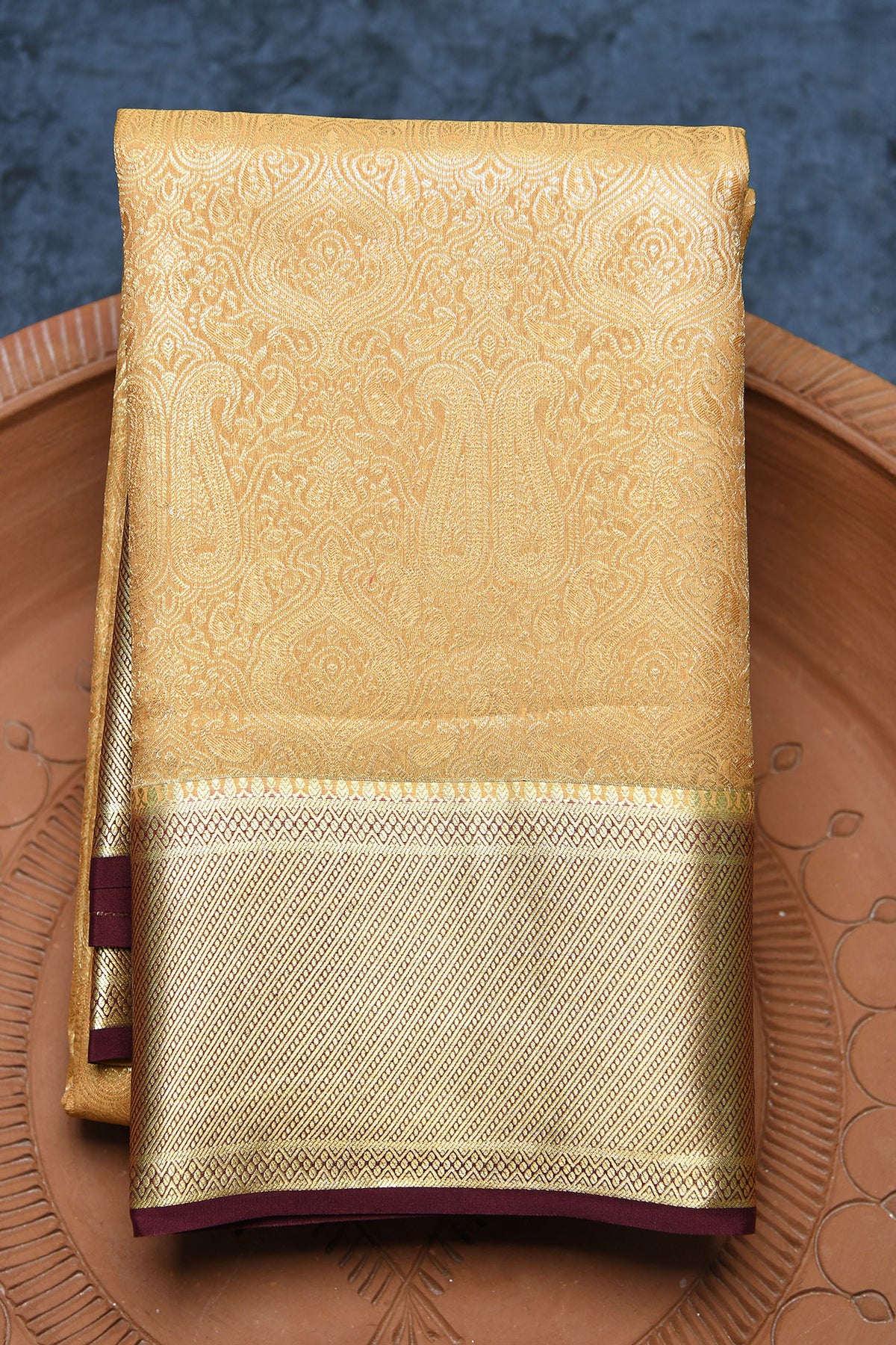 Traditional Zari Border With Allover Paisley Design Beige Mysore Silk Saree