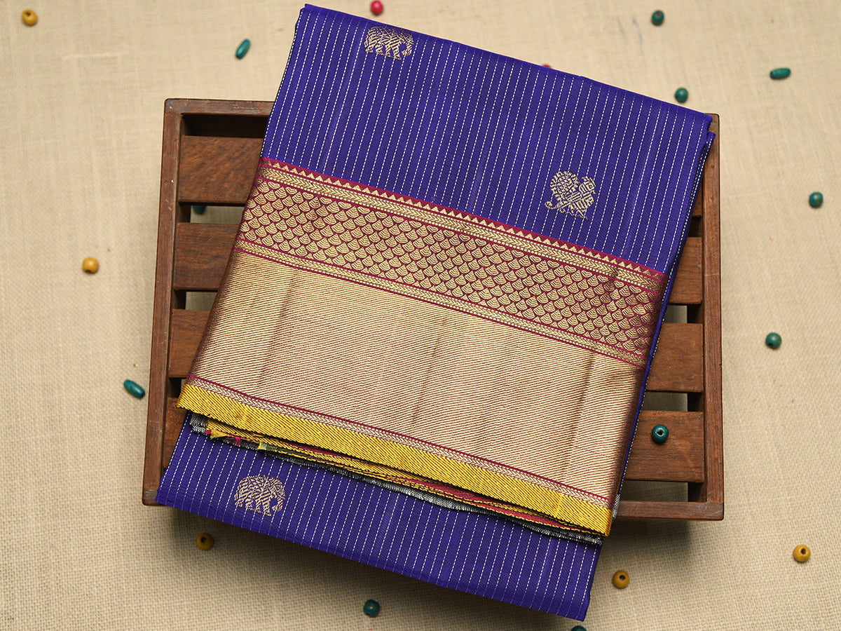 Traditional Zari Border With Animal Motif Navy Blue Kanchipuram Silk Unstitched Pavadai Sattai Material
