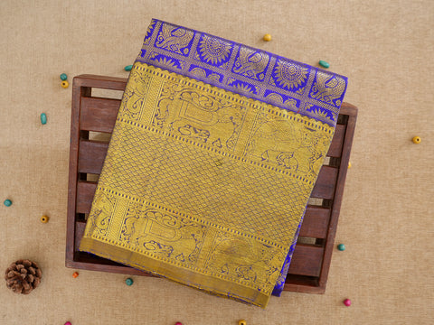 Traditional Zari Border With Checked Peacock And Chakram Indigo Blue Silk Pavadai Sattai Material