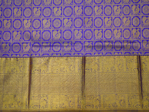 Traditional Zari Border With Checked Peacock And Chakram Indigo Blue Silk Pavadai Sattai Material