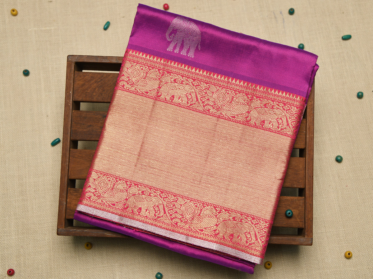 Traditional Zari Border With Elephant Motif Purple Kanchipuram Silk Unstitched Pavadai Sattai Material