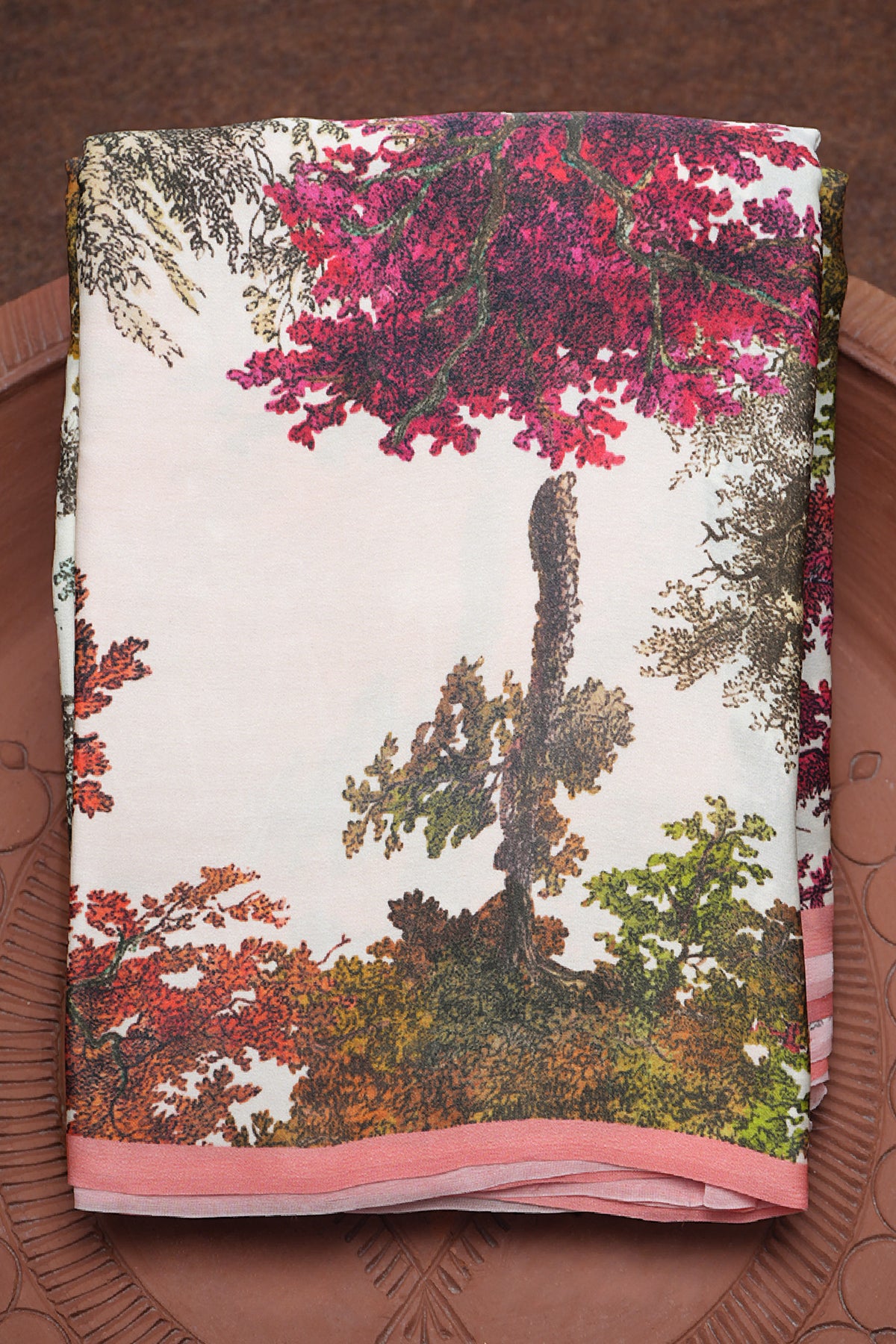 Tree Design Digital Printed Ivory Satin Crepe Saree