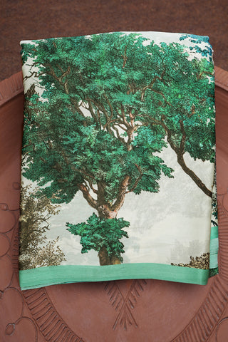 Tree Design Digital Printed Ivory Satin Crepe Saree