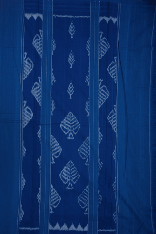 Leaf Printed Motifs Capri Blue Pochampally Cotton Saree