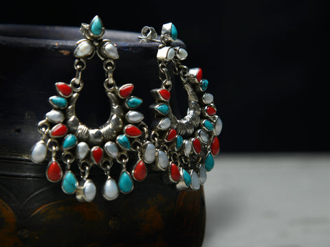 Turquoise Ruby And Pearl Stone Oxidised Pure Silver Earrings