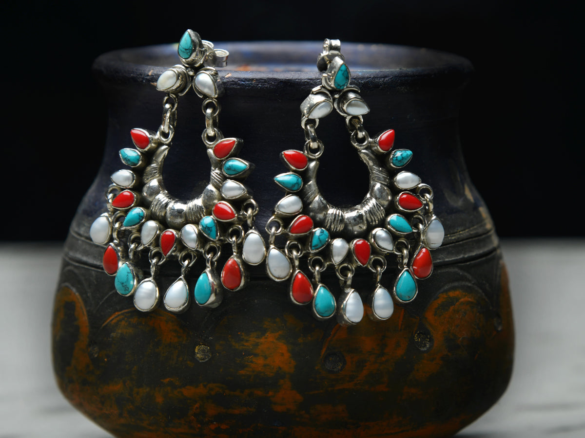 Turquoise Ruby And Pearl Stone Oxidised Pure Silver Earrings