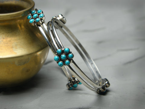 Turquoise Stone Two Layer Oxidised Pure Silver Bangles