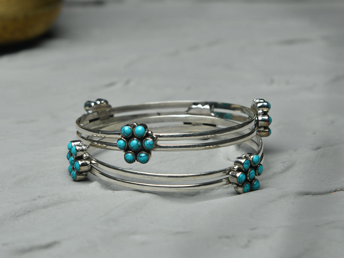 Turquoise Stone Two Layer Oxidised Pure Silver Bangles