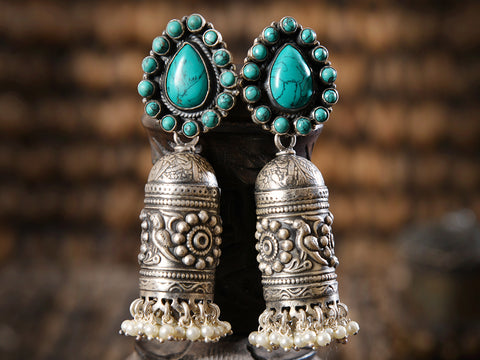 Turquoise Stone With Pearl Beads Oxidised Pure Silver Jhamukas