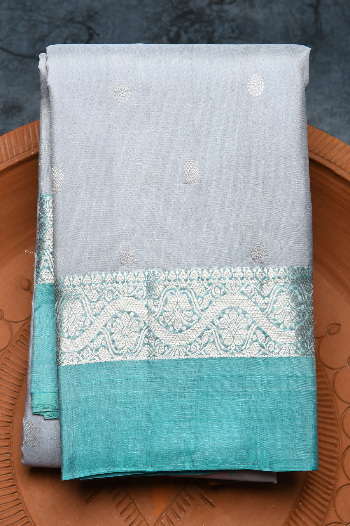Turquoise Blue Border With Mayil Chakram Buttis Grey Kanchipuram Silk Saree