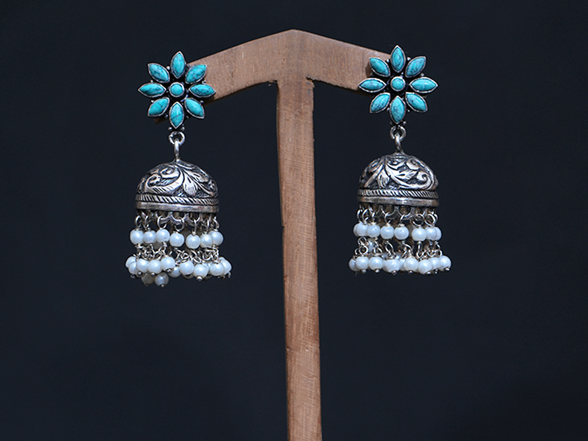 Turquoise Stones And Pearl Drops Pure Silver Jhumkas