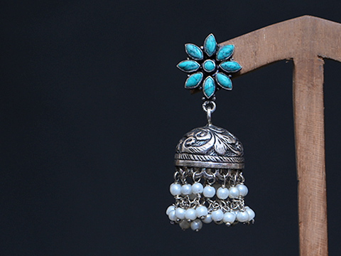 Turquoise Stones And Pearl Drops Pure Silver Jhumkas