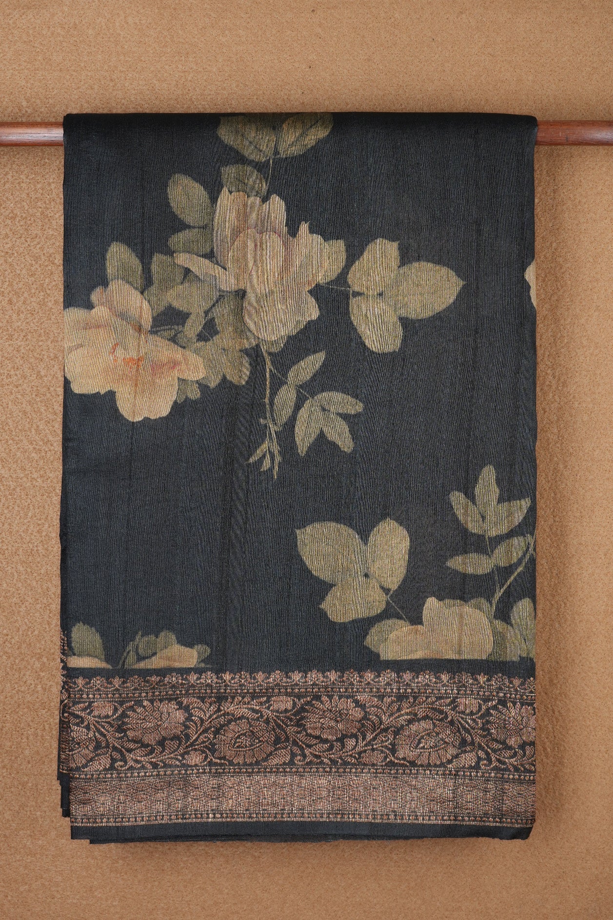 Floral Creepers Printed Design with Gold Zari Border Midnight Blue Tussar Silk Saree