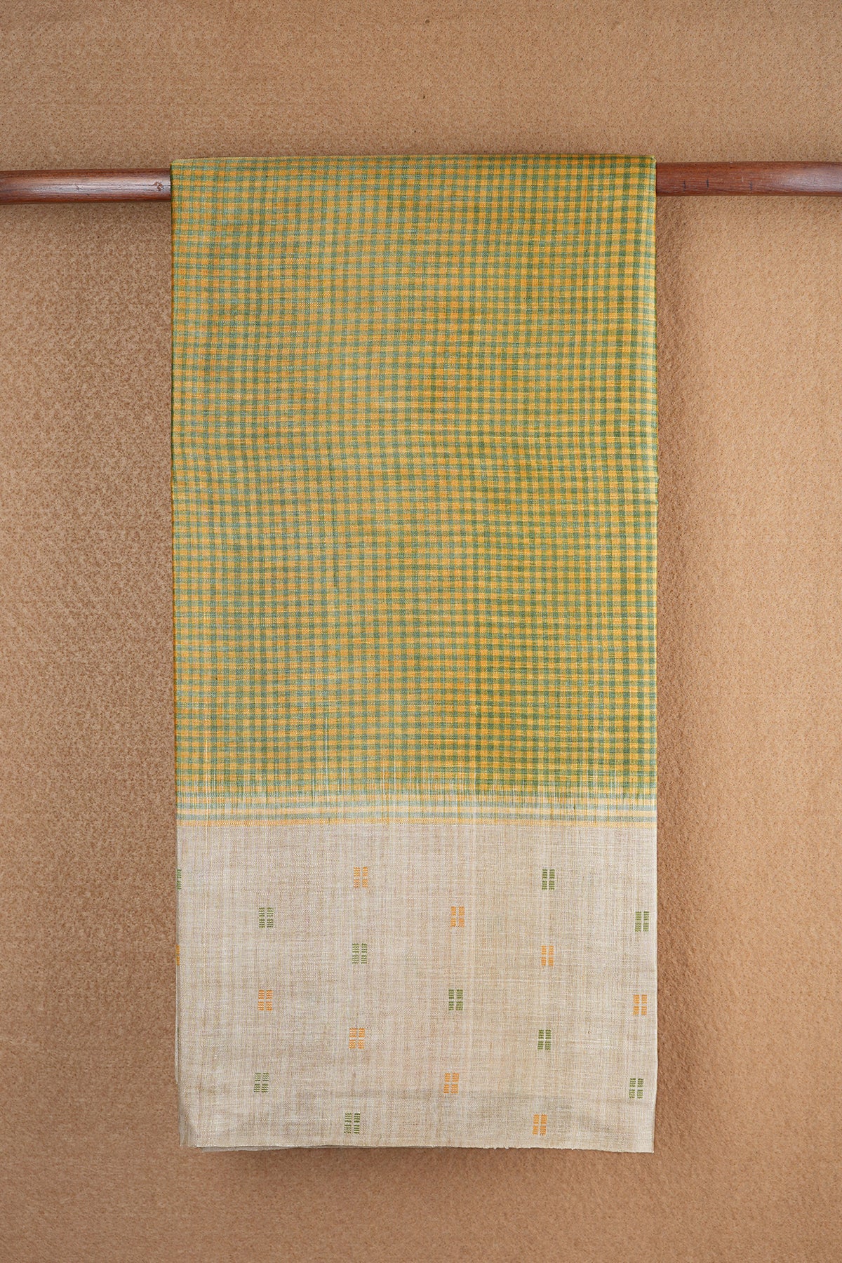 Allover Checked Design With Threadwork Motifs Border Green And Yellow Tussar Silk Saree