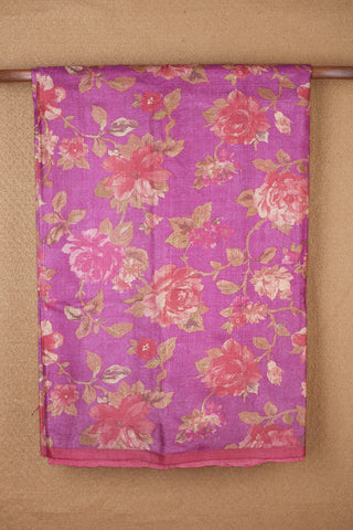 Botanical Digital Printed Purple Rose Tussar Silk Saree