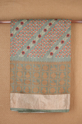 Floral Printed Design Sage Green Tussar Silk Saree