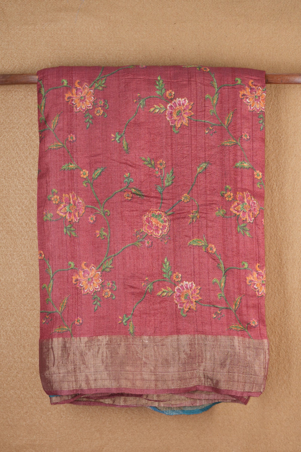 Allover Floral Printed Design With Bavanchi Border Hibiscus Red Tussar Silk Saree