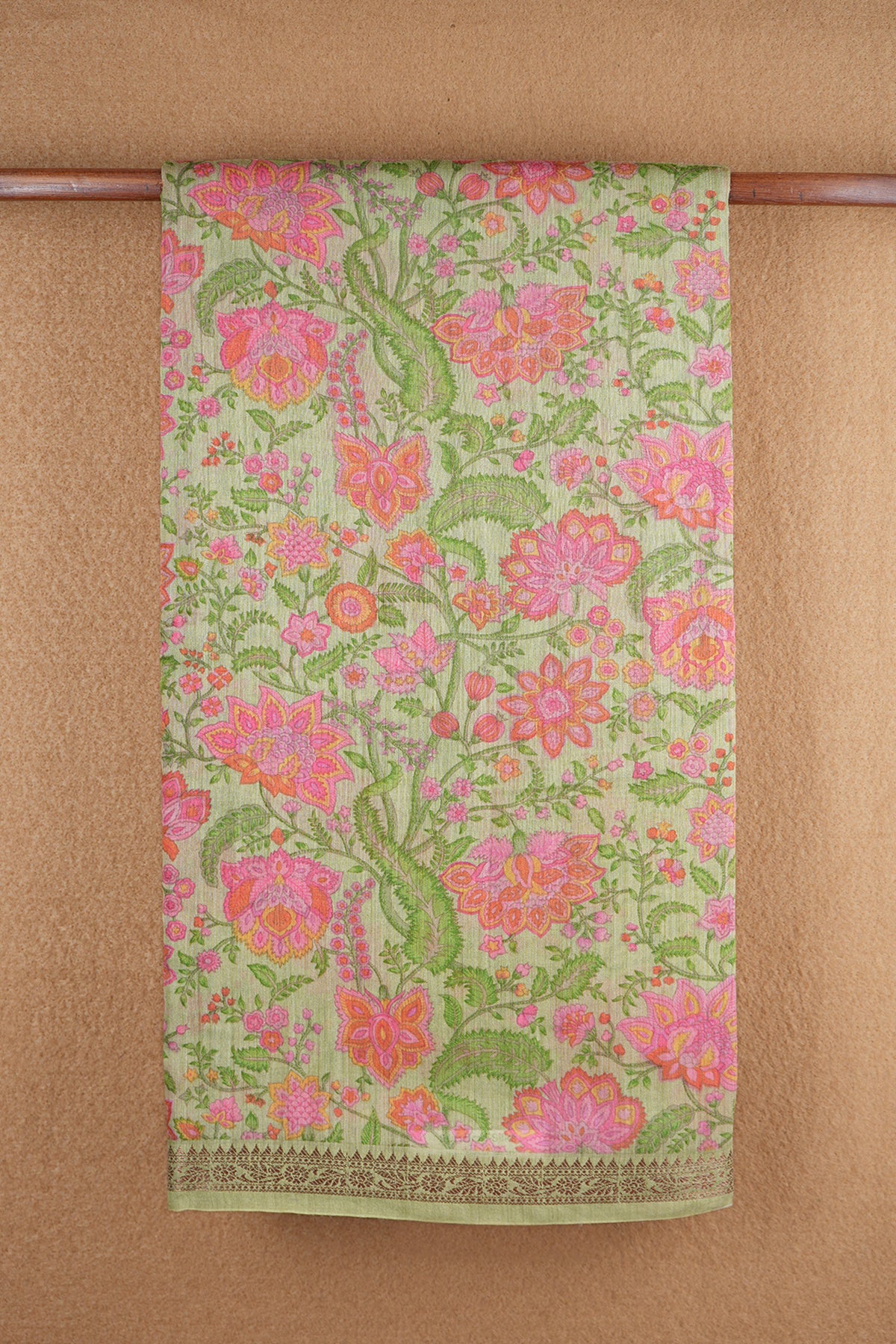 Botanical Printed Design With Zari And Threadwork Border Moss Green Tussar Silk Saree