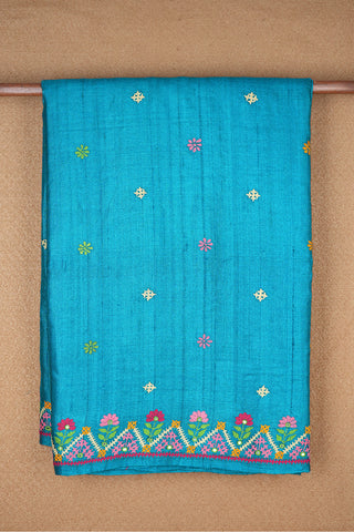 Embroidered And Mirror Work Border Peacock Blue Tussar Silk Saree