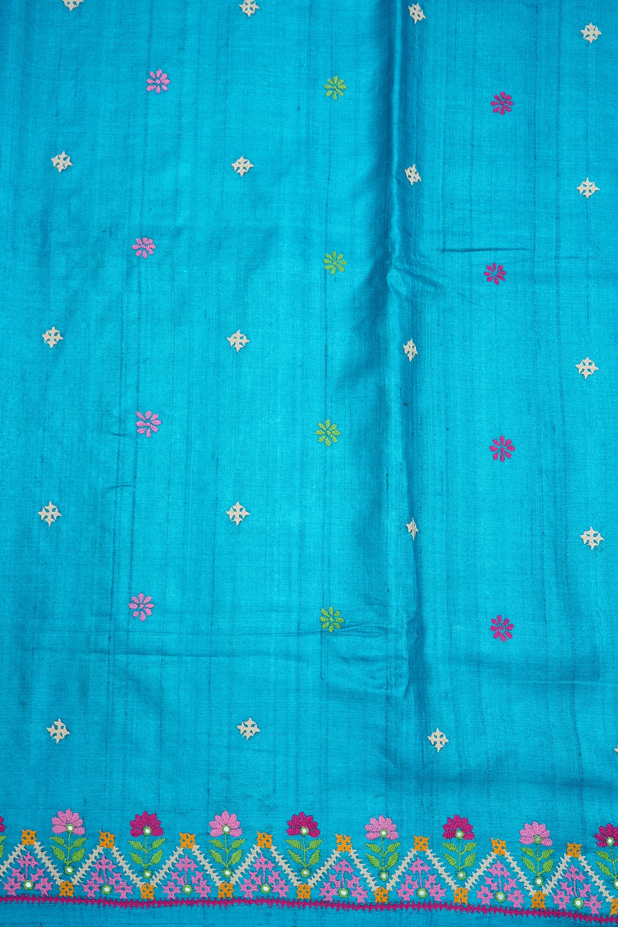 Embroidered And Mirror Work Border Peacock Blue Tussar Silk Saree
