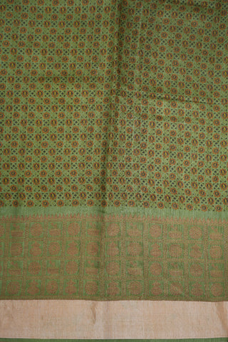 Floral Printed Design With Checked And Bavanchi Border Mehendi Green Tussar Silk Saree