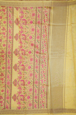 Kodi Floral Printed Design With Zari And Threadwork Border Royal Yellow Tussar Silk Saree