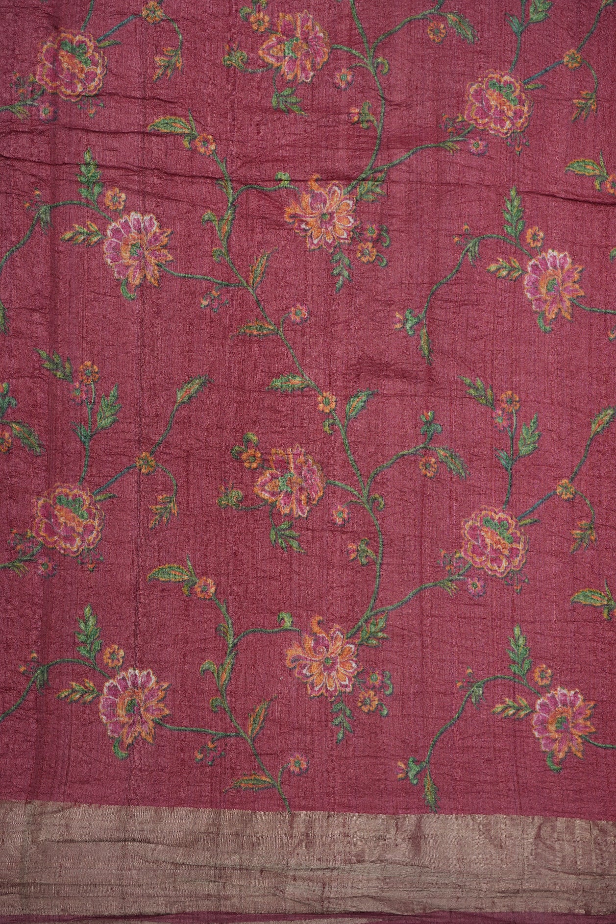 Allover Floral Printed Design With Bavanchi Border Hibiscus Red Tussar Silk Saree