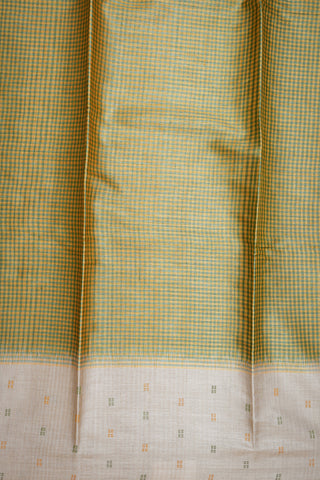 Allover Checked Design With Threadwork Motifs Border Green And Yellow Tussar Silk Saree