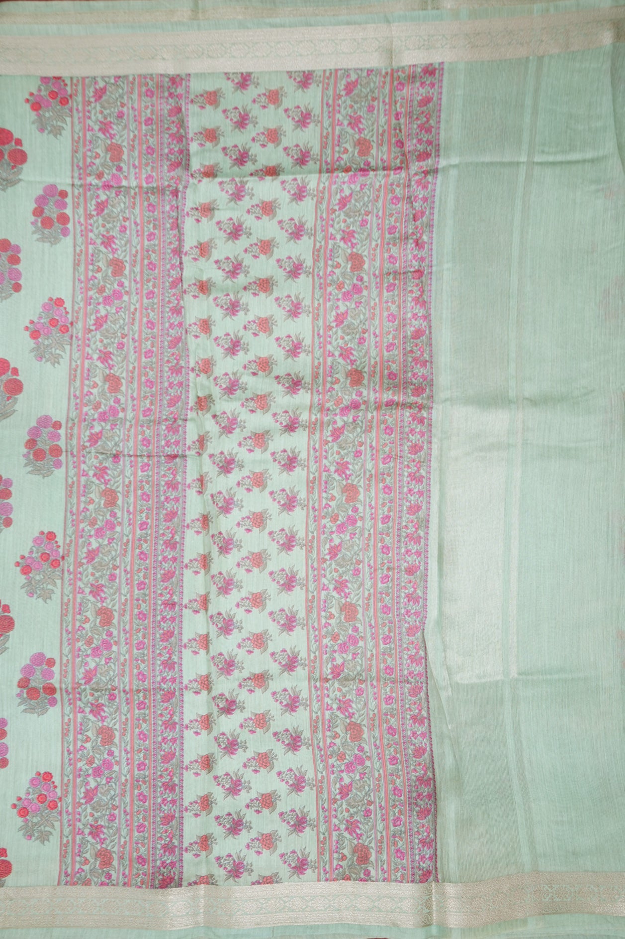 Garden Floral Printed Design With  Zari And Threadwork Border Mint Green Tussar Silk Saree