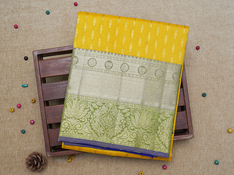 Twill Weave And Floral Zari Border Lemon Yellow Pavadai Sattai Material