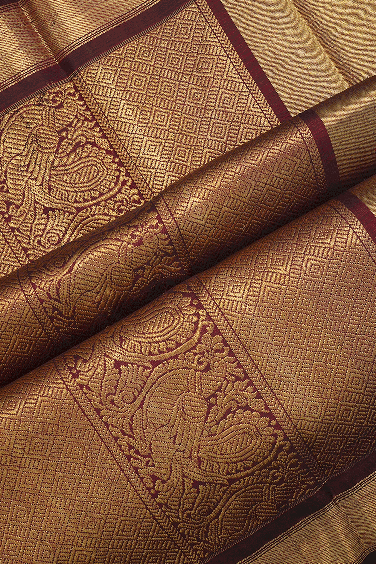 Twill Weave Border Plain Dark Maroon Kanchipuram Silk Saree