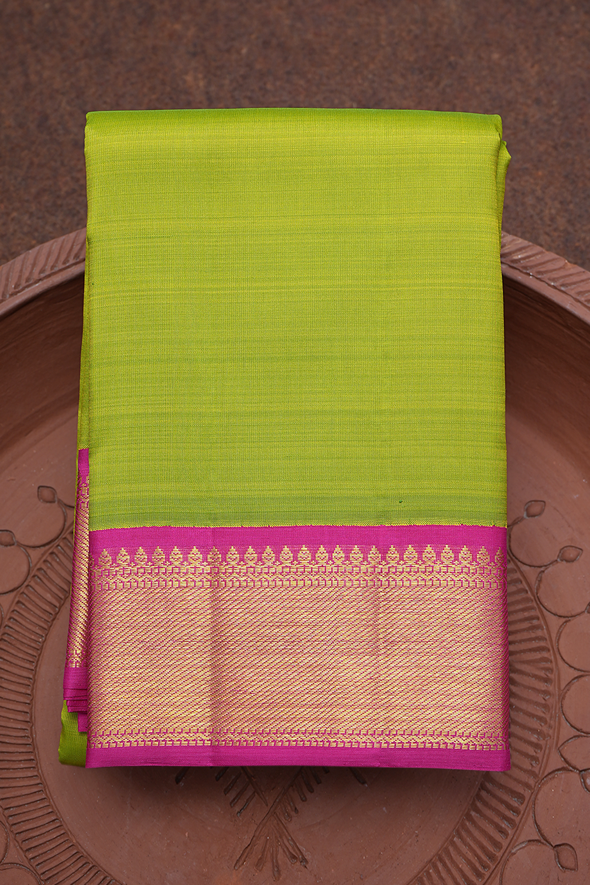 Twill Weave Border Plain Lime Green Kanchipuram Silk Saree