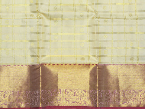 Twill Weave Border With Checks And Buttis Ivory Kanchipuram Silk Unstitched Pavadai Sattai Material
